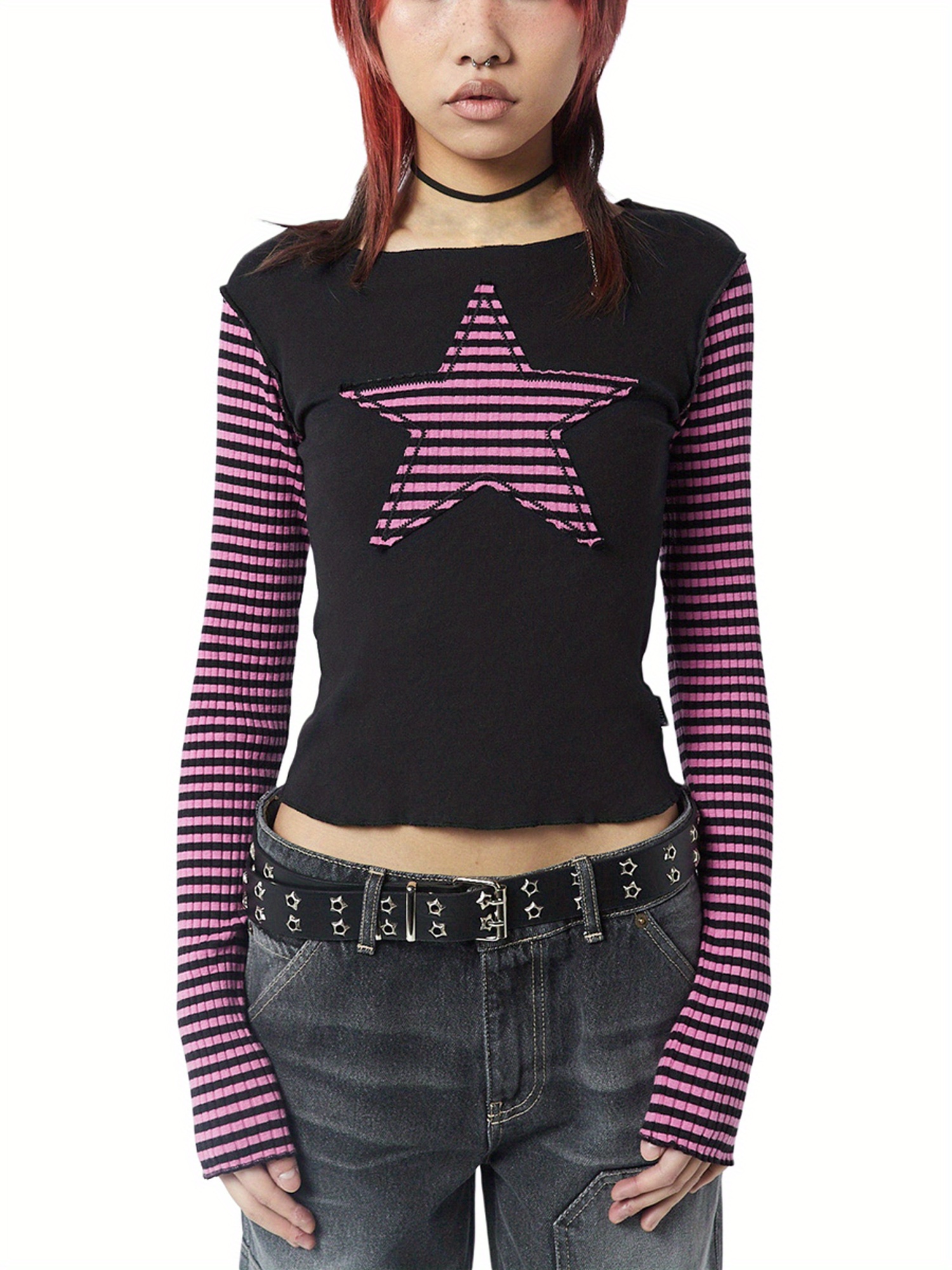 Y2k Fairy Grunge T-shirt met lange mouwen voor dames, esthetische vintage grafische print, slim fit, Harajuku-blouse, shirt, tops, E Girl 90s, streetwear, Wit, M