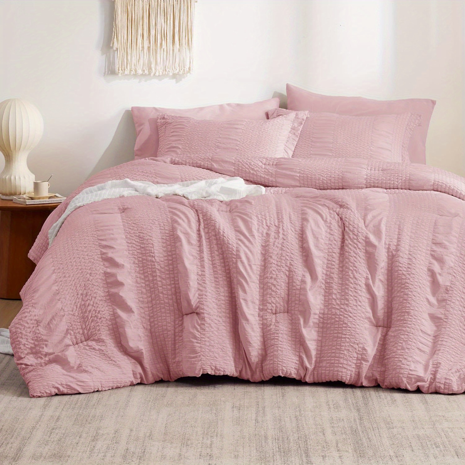 

5pcs/ 7pcs Comforter Sets, Bed In A Bag Striped Seersucker Bedding Set, Soft Lightweight Down Alternative Comforter