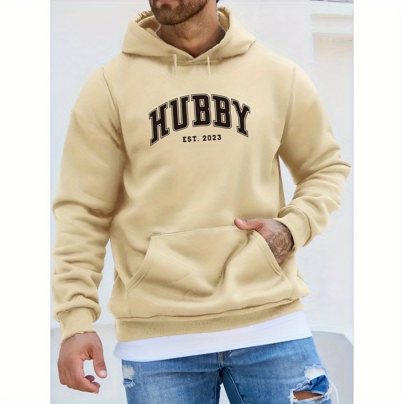 

Hubby Est. 2023 Print Men's Long Sleeve Pullover Hoodie, Warm Fleece Hooded Sweatshirt With Kangaroo Pocket, Casual Comfortable Versatile Top For Autumn And Winter, As Gifts