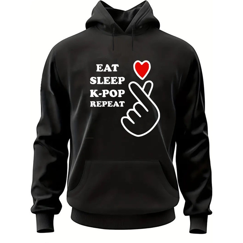 

Eat Sleep K-pop Repeat Letter Print Men's Long Sleeve Pullover Hoodie, Warm Fleece Hooded Sweatshirt With Kangaroo Pocket, Casual Comfortable Versatile Top For Autumn And Winter, As Gifts