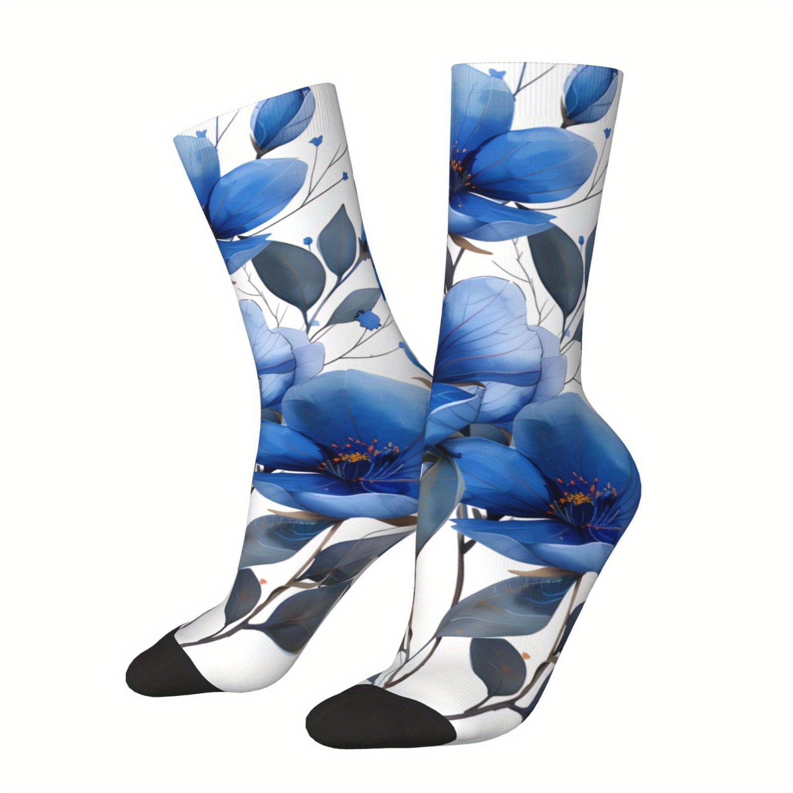 

Fun & Quirky Blue Floral Crew Socks - Seamless, Breathable Polyester For , Novelty Socks