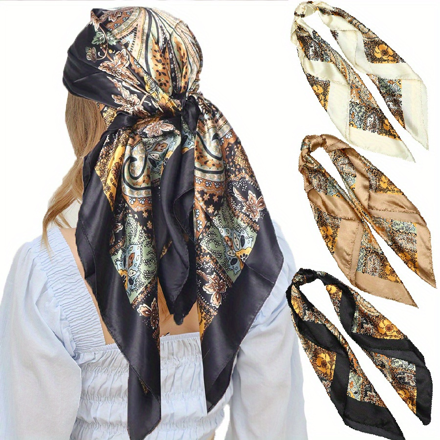 

3pcs/ Set 90x90cm Women Silky Scarves Bandanas Hair Scarf Sleeping Wraps, 3pcs Large Retro Square Printing Head Scarf, Multicolor