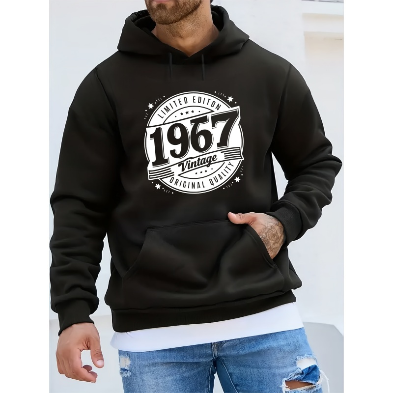 

Vintage 1967 Print Men's Long Sleeve Pullover Hoodie, Warm Fleece Hooded Sweatshirt With Kangaroo Pocket, Casual Comfortable Versatile Top For Autumn And Winter, As Gifts