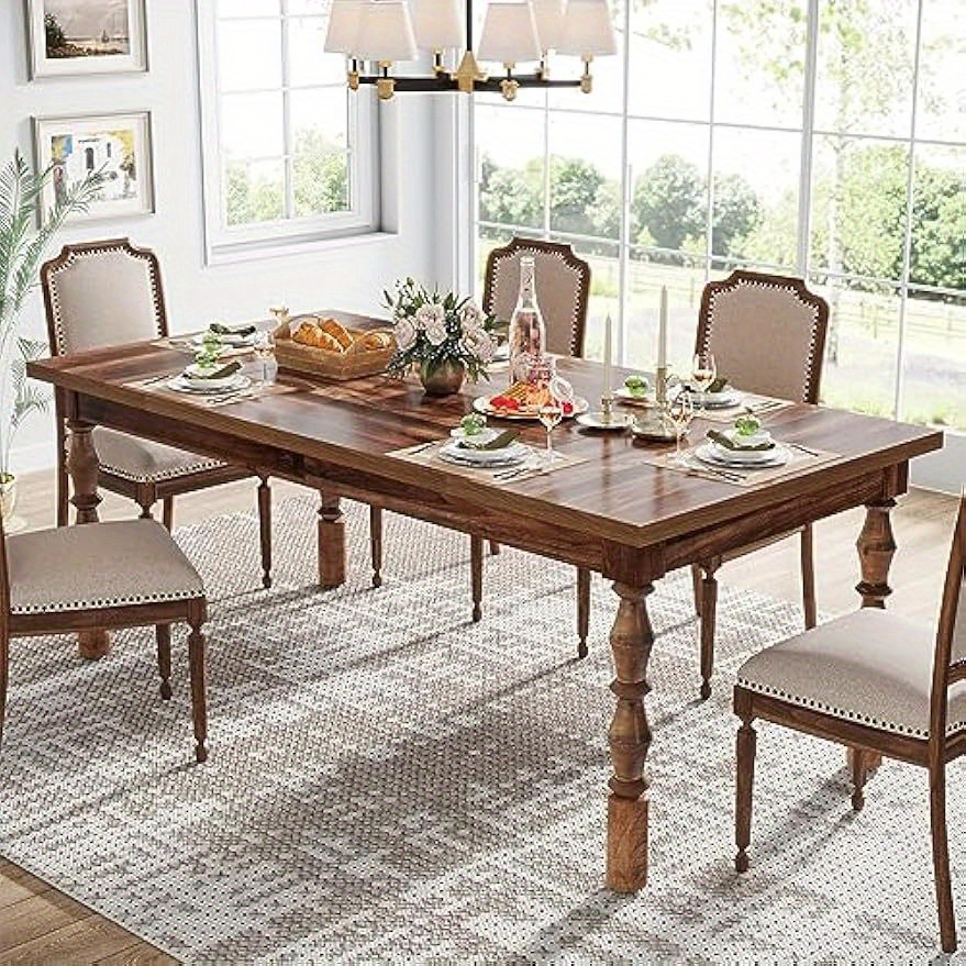 62&*; Wood Dining Table For 4-6 People, Farmhouse Large Rectangle Kitchen  Table, Dinner Table Kitchen Dining Room Furniture With Carved Turned Legs