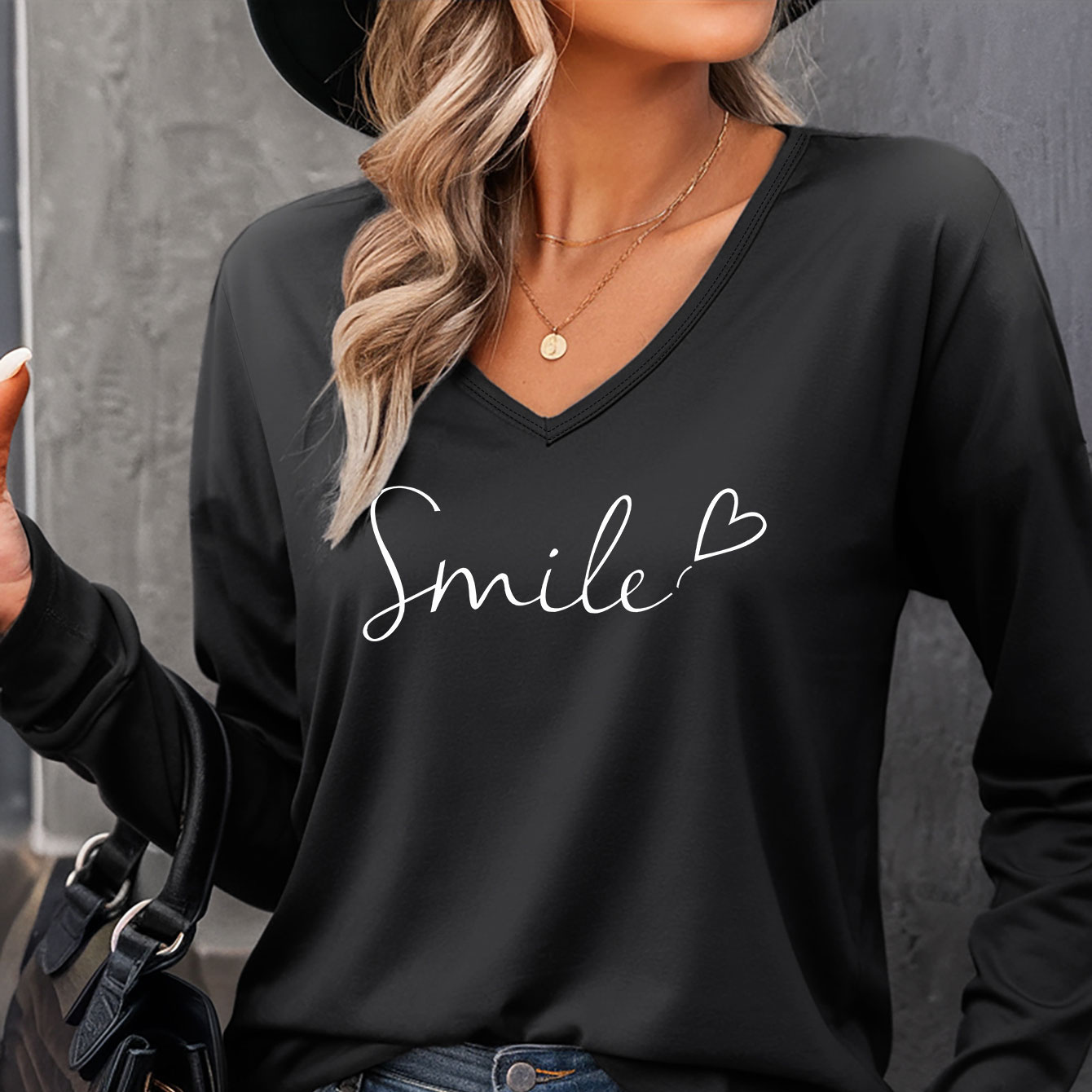 

] Chic 'smile' Print Long Sleeve V-neck Top For Women - Casual, Stretchy Polyester , Machine Washable - Spring & Fall