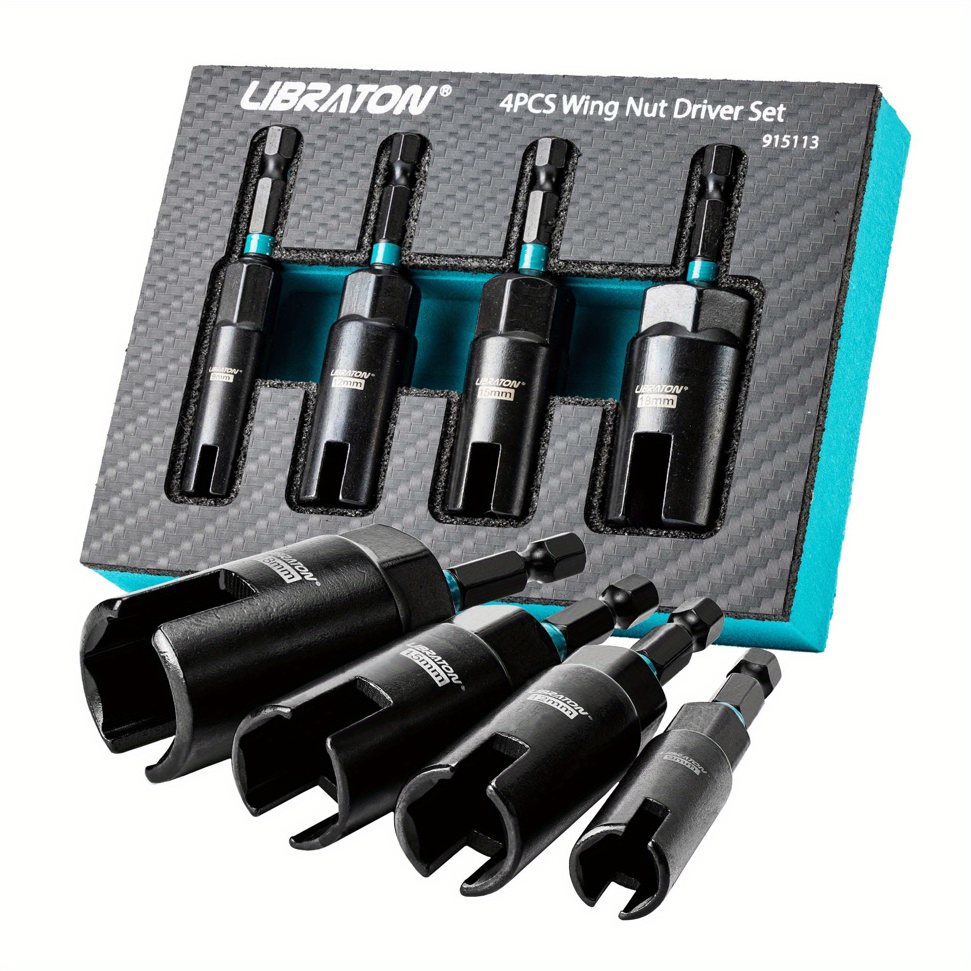 

Libraton 4pcs Wing Nut Driver Set, Wing Nut Driver Bit 9mm 12mm 15mm 18mm, 1/ 4-inch Hex Shank Wing Nut Driver For Hook Bolt Installation