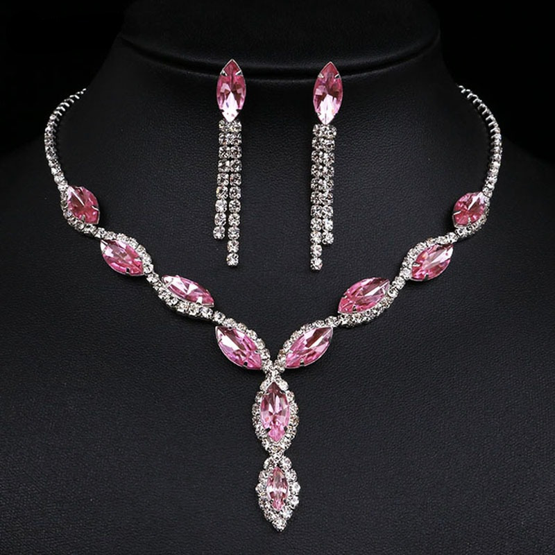 

Elegant Rhinestone Jewelry Set: Pink Marquise Earrings And Necklace, Perfect For Evening Parties And Galas