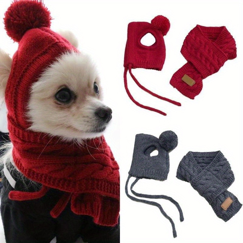 

1 Set Pet Dog Winter Warm Striped Knit Hat And Scarf, Polyester Christmas Costume For Small To Medium Breeds, Teddy Puppy Outfit Without Battery