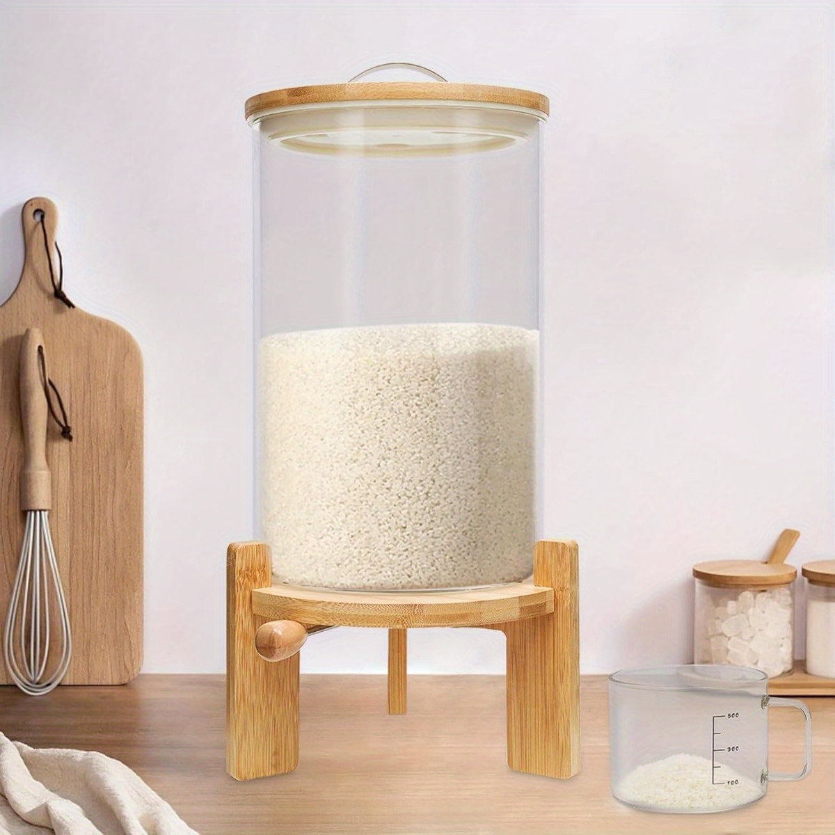 

7.5l Glass Rice Dispenser Flour And Cereal Container With Airtight Lid, Measuring Cup And Wooden Stand For Kitchen Organization And Pantry Store