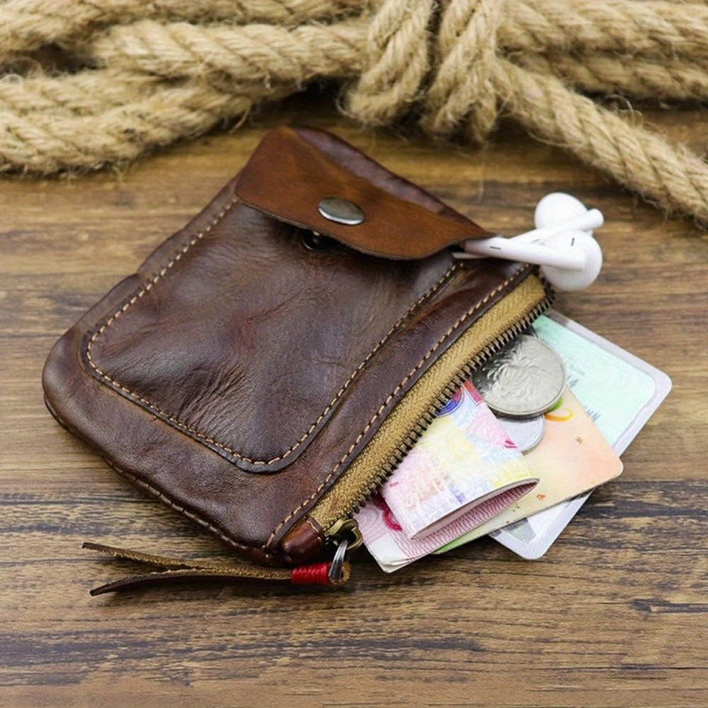 

1 Pcs Leather Zipper Coin Purse Wallet With Card Slots, Snap Coin Organizer, Change Holder, Card Case, Leather Zipper Storage Bag For