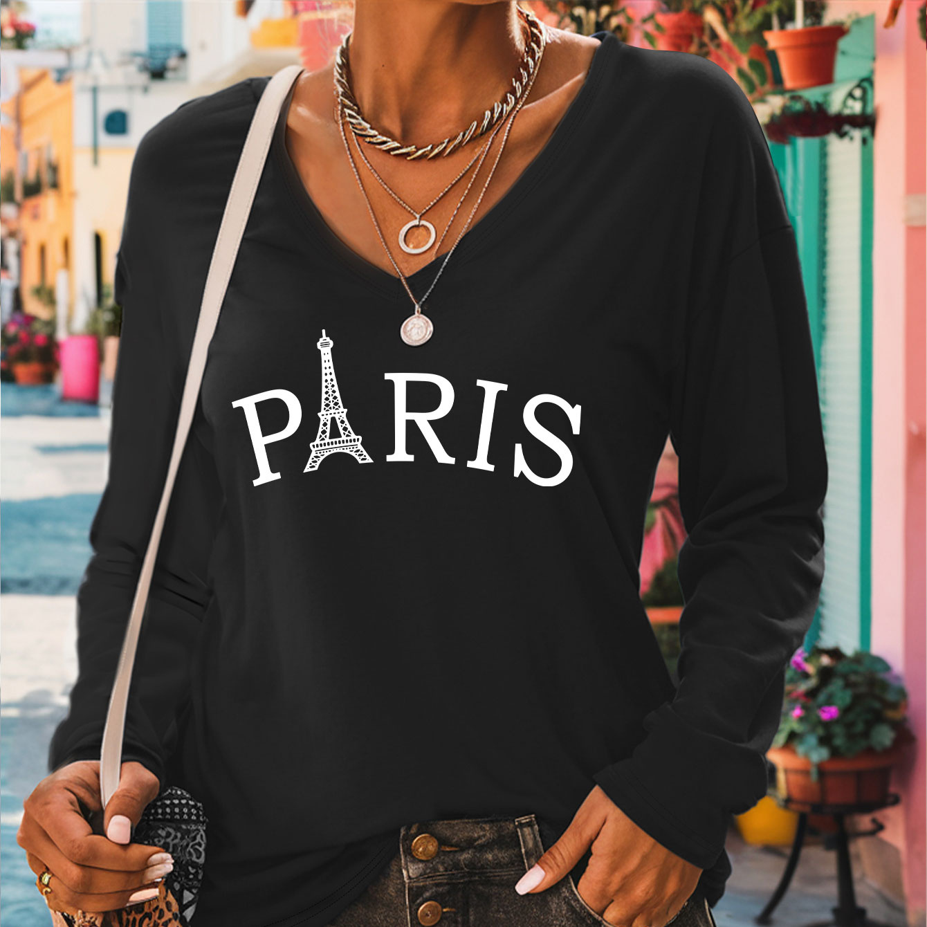 

Paris-inspired Women's V-neck Long Sleeve T-shirt - Casual, Stretchy Polyester , Machine Washable -