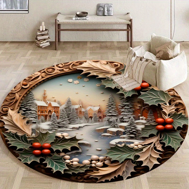 

Christmas Holly & Lake Ceramic-style Rug - Non-slip, Fade-resistant Floor Mat For Living Room, Bedroom, Game Area - Hand Washable Home Decor, Best For Christmas