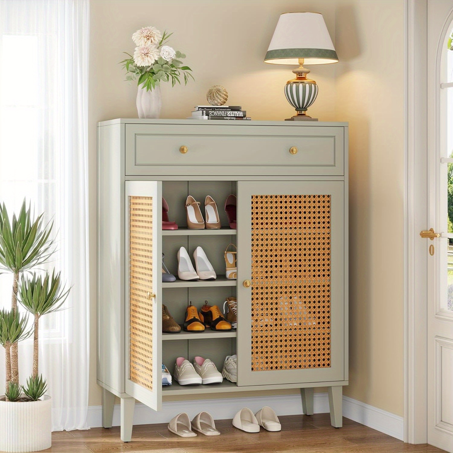 

Shoe Cabinet With Doors And Drawer: For Entryway, Mint With Adjustable Shelf - Wooden Organizer For Hallway, Living Room