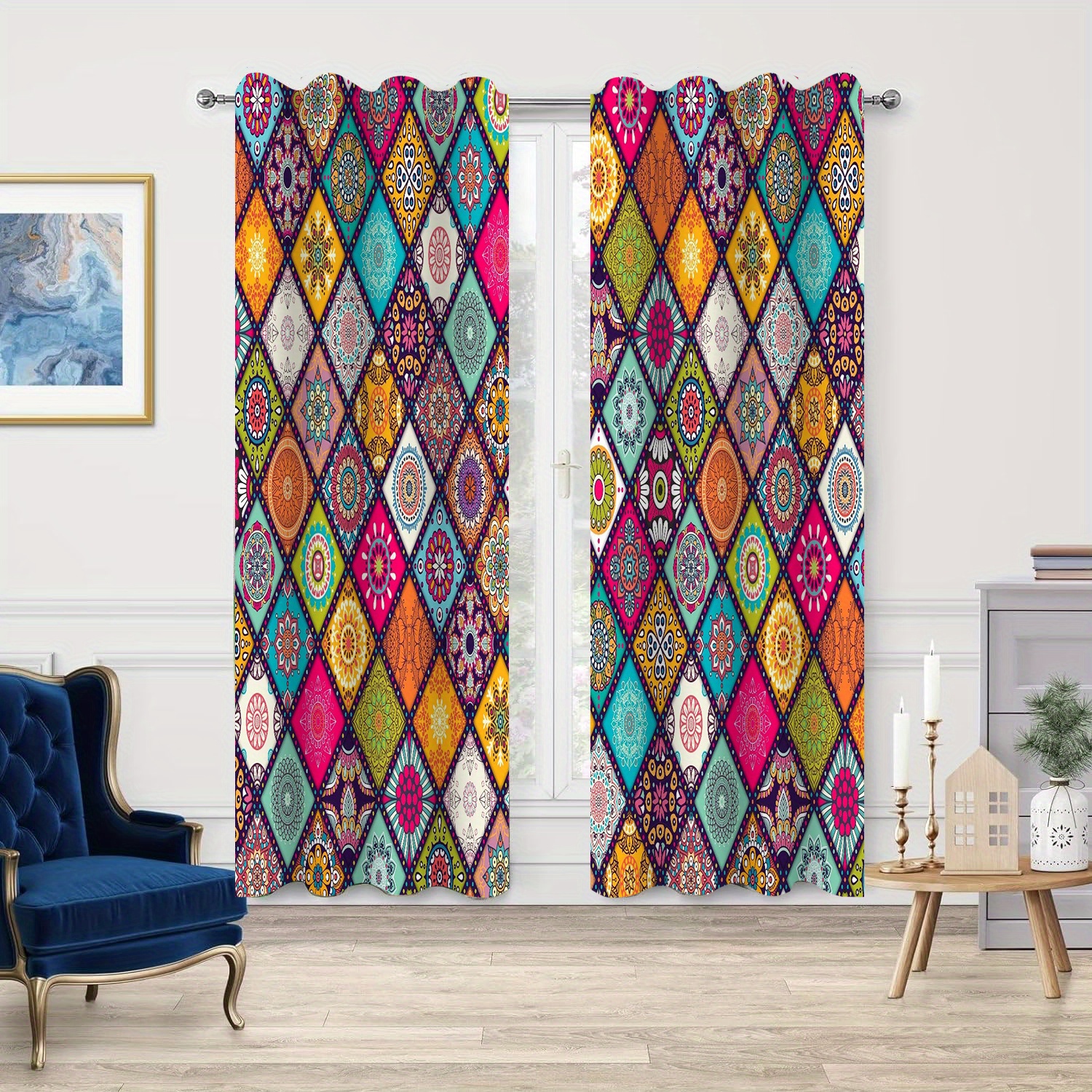 

2pcs, Modern Bohemian Pattern Blackout Curtains, Polyester, Uv Resistant, Room Decoration, Home Decoration, Used For Kitchen, Farmhouse, Living Room, Bedroom Decoration