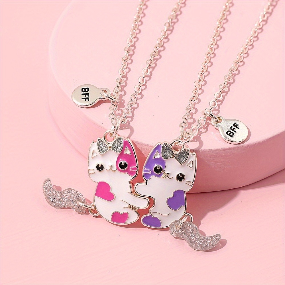 

2pcs Adorable Cartoon Cat Bff Rhinestone Pendant Necklaces - Cute Pendant, Perfect For Party, Holiday Gift Or Everyday Wear