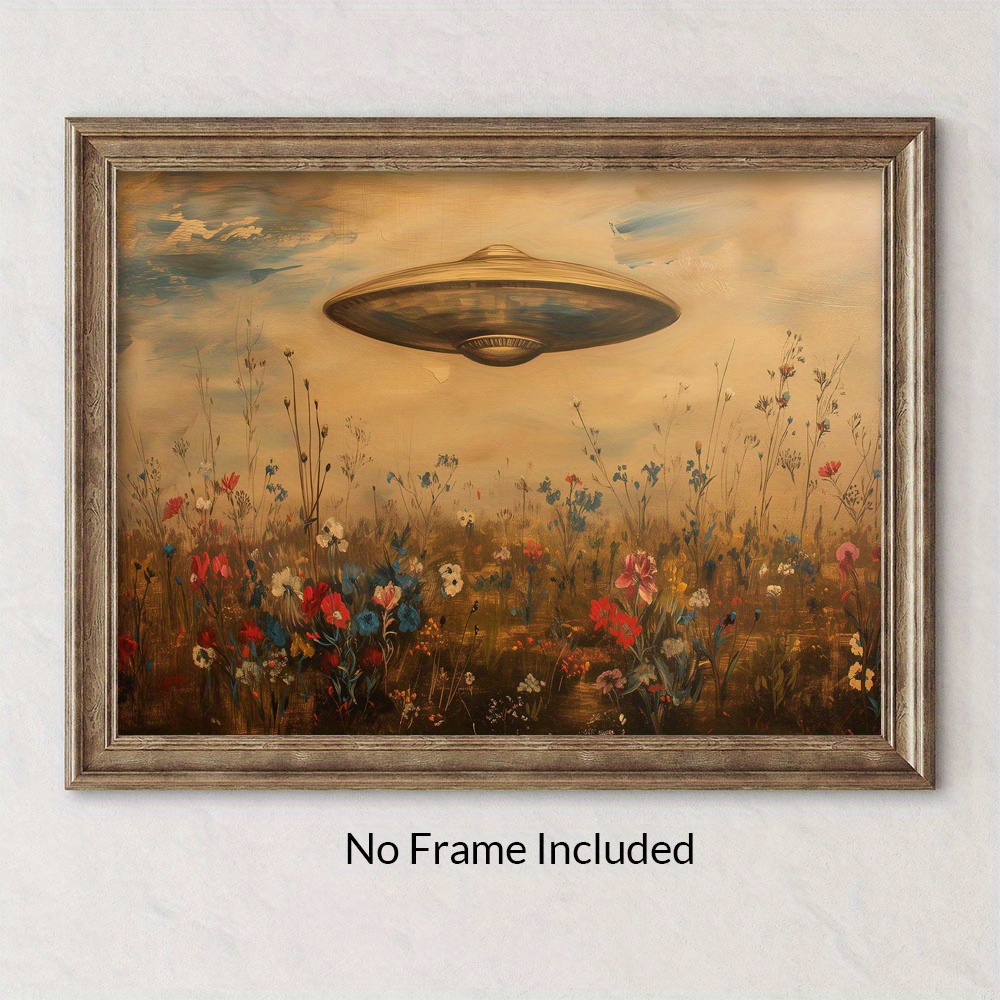 

Victorian Ufo And Wildflowers Print Wall Art, Retro Sci-fi Spaceship Canvas Decor, Rustic Country Field Oil Painting, Bedroom Living Room Home Decor, 14+ Years - No Frame