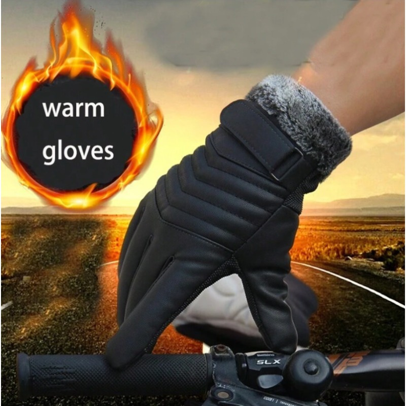 

1 Pair Winter Men's Leather Gloves Touchscreen-compatible, Casual Style Buckle Riding Gloves, Non-textile Thermal Weave, Waterproof For Outdoor Cycling Warmth - Black