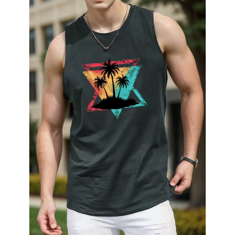 

Men's Tree Print Top - Breathable Polyester, Casual Summer Sleeveless Shirt, Machine Washable