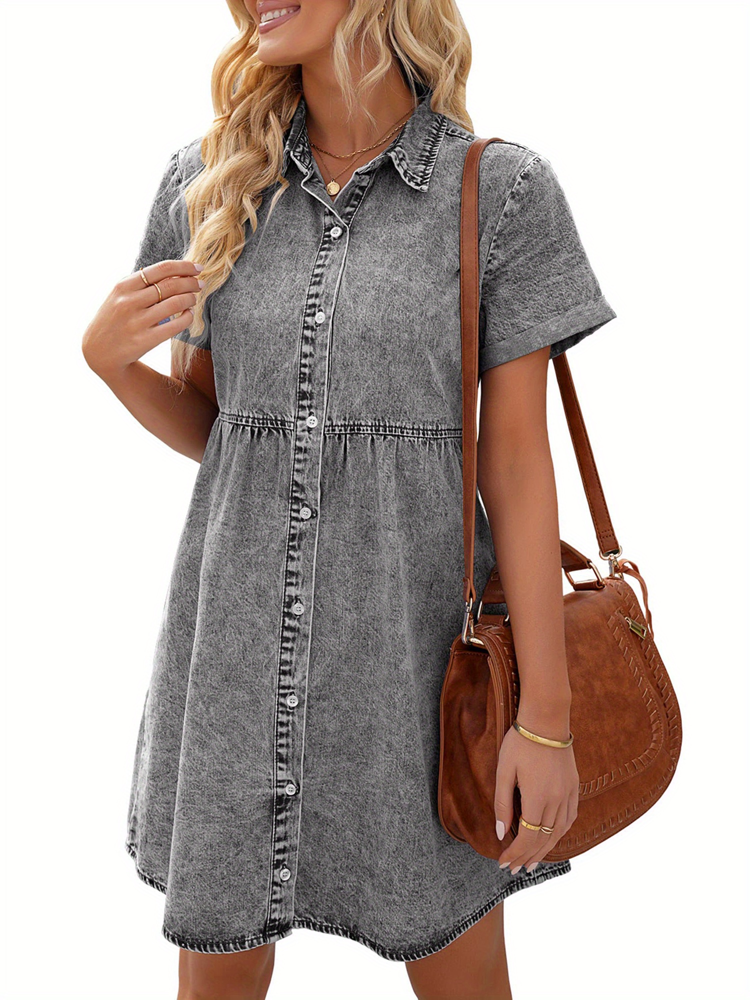 women juniors summer denim dress casual lapel short sleeves - Temu