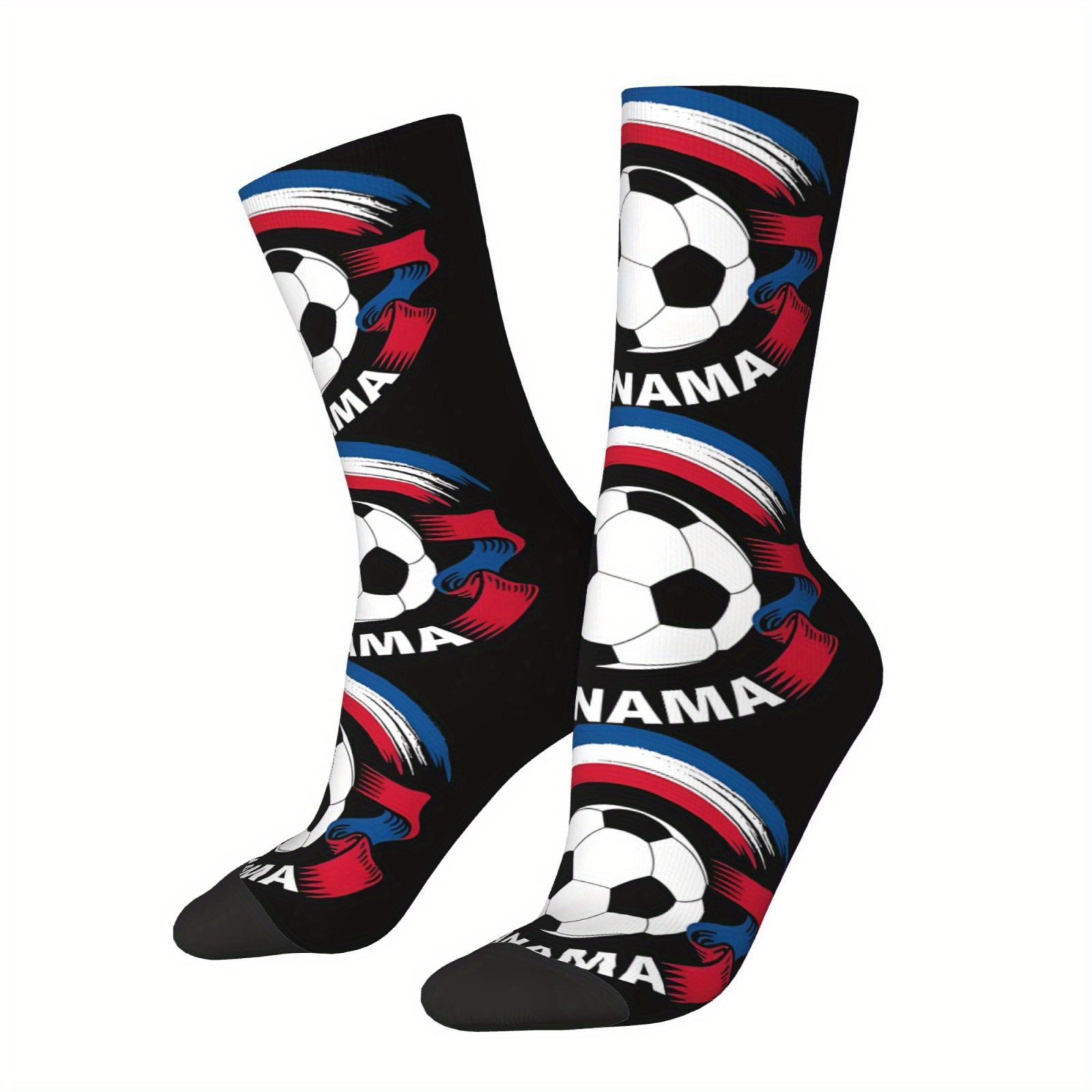 

1 Pair Panama Crew Socks - Polyester Knit Fabric With Stretch, 95% Polyester 5% Elastane, Seamless Harajuku Hip Hop Style, Hand Washable - Football & Flag Design Novelty Socks