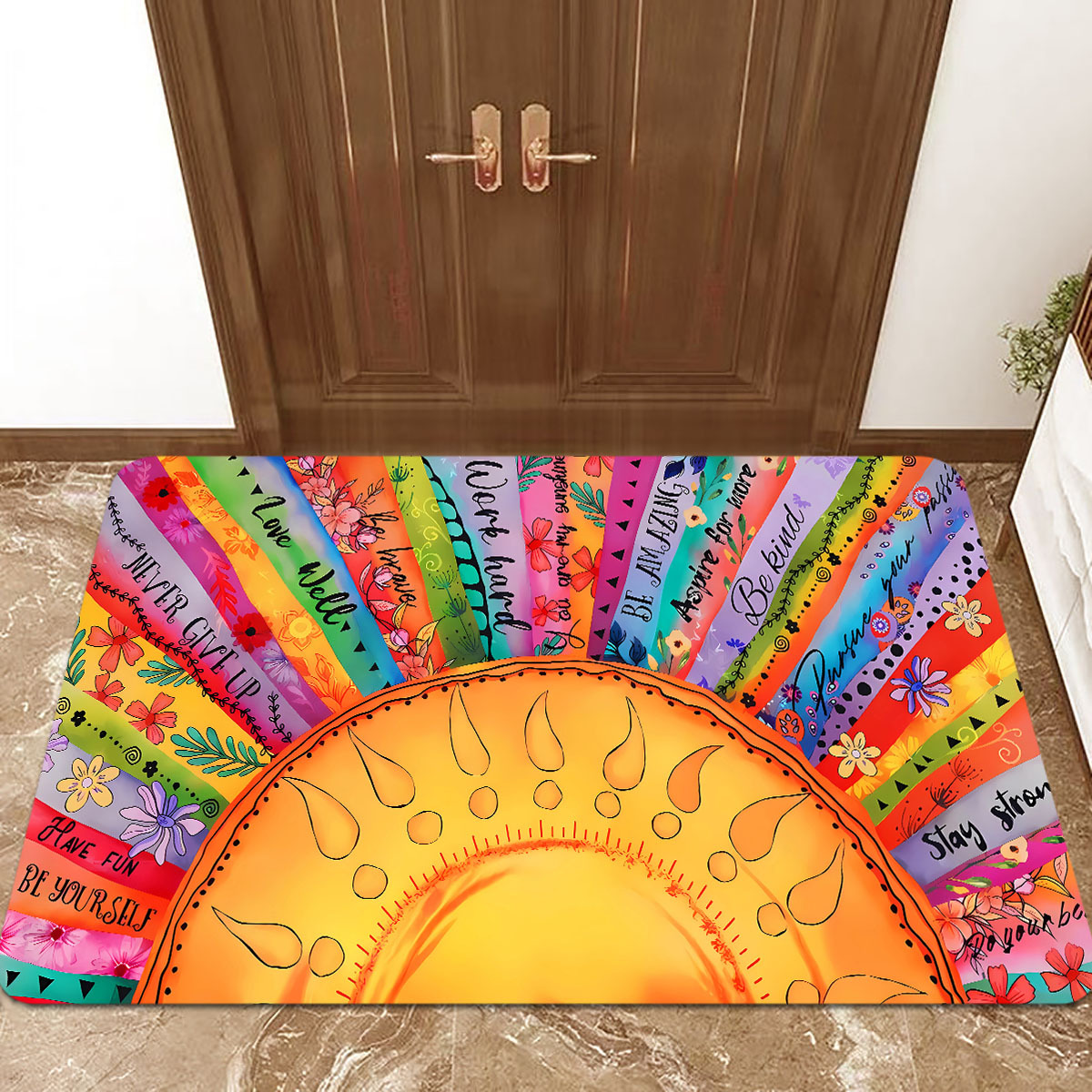 bohemian ethnic sunflower door mat polyester non slip lightweight doormat stain resistant   decorative rectangle rug for entryway kitchen laundry ideal for christmas halloween thanksgiving graduation labor day details 1