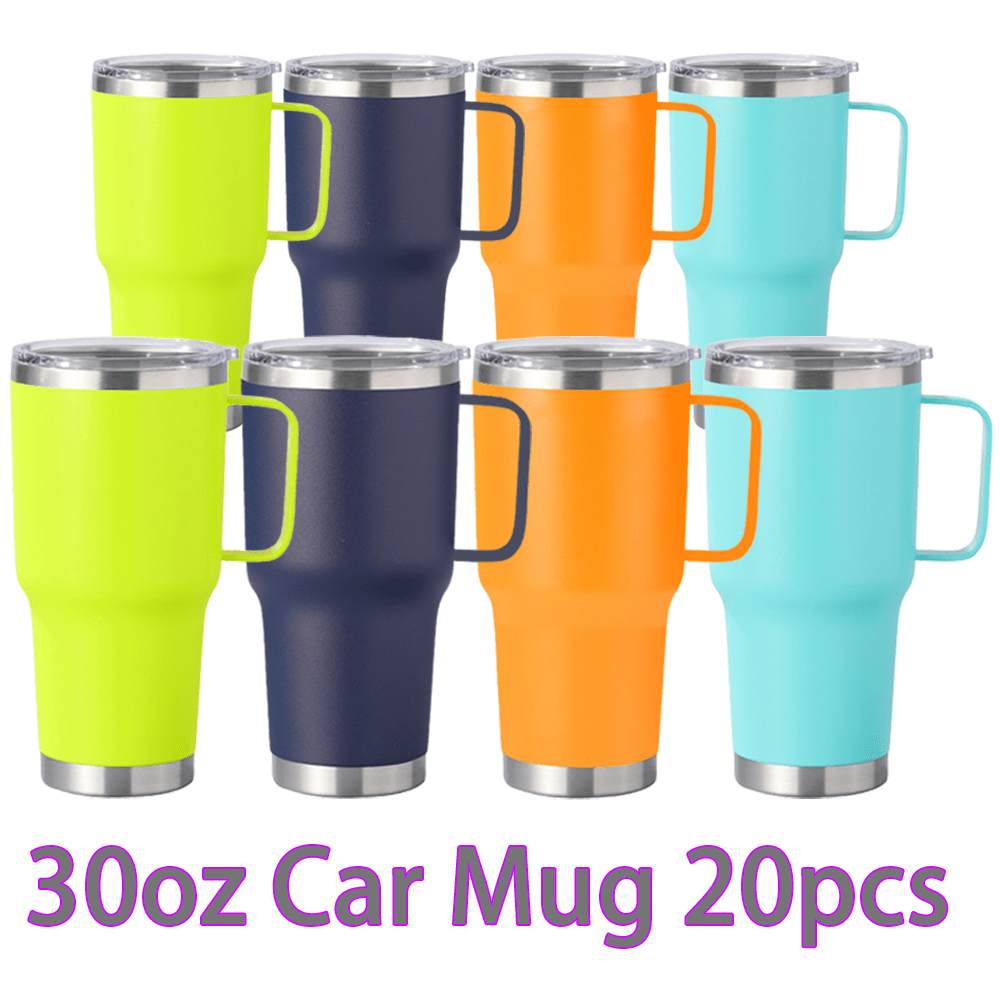 

20pcs 30oz Color Car Mug With Handle 304 Stainless Steel Insulated Outdoor Sports Portable Car Wide Mouth With Plastic Cup Lid Water Tumbler