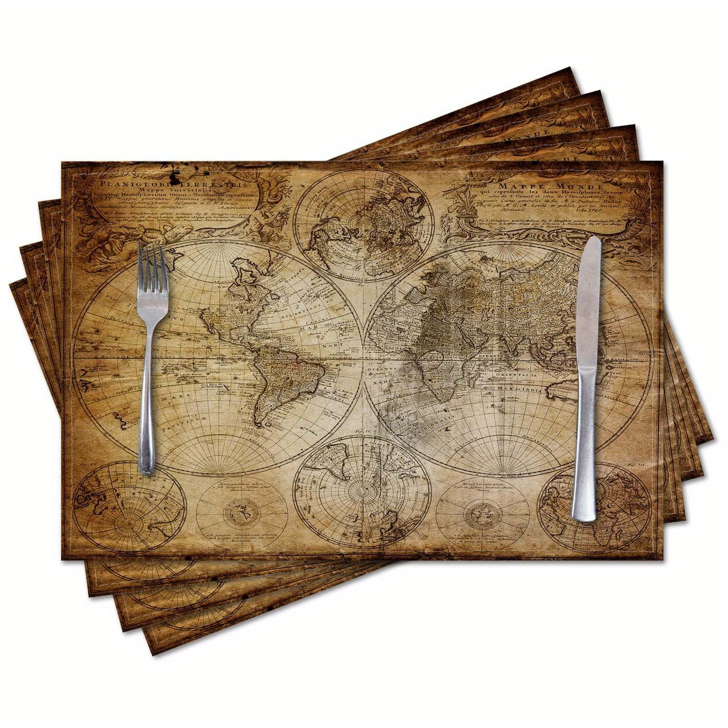 

4pcs, Sets de Table Carte du Monde Rétro, 12 Pouces, Tapis de Table Lavable, Décoration de Fête Maison Cuisine