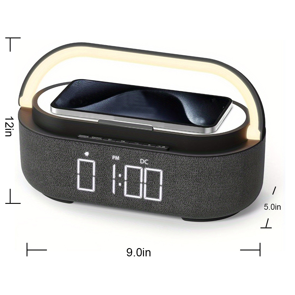 TEMU New Bedroom Alarm Clock, Black Wireless Speaker, Fm Radio (2024 New) Mobile Wireless Charger, Night Light, Dual Wireless Speakers, Office And