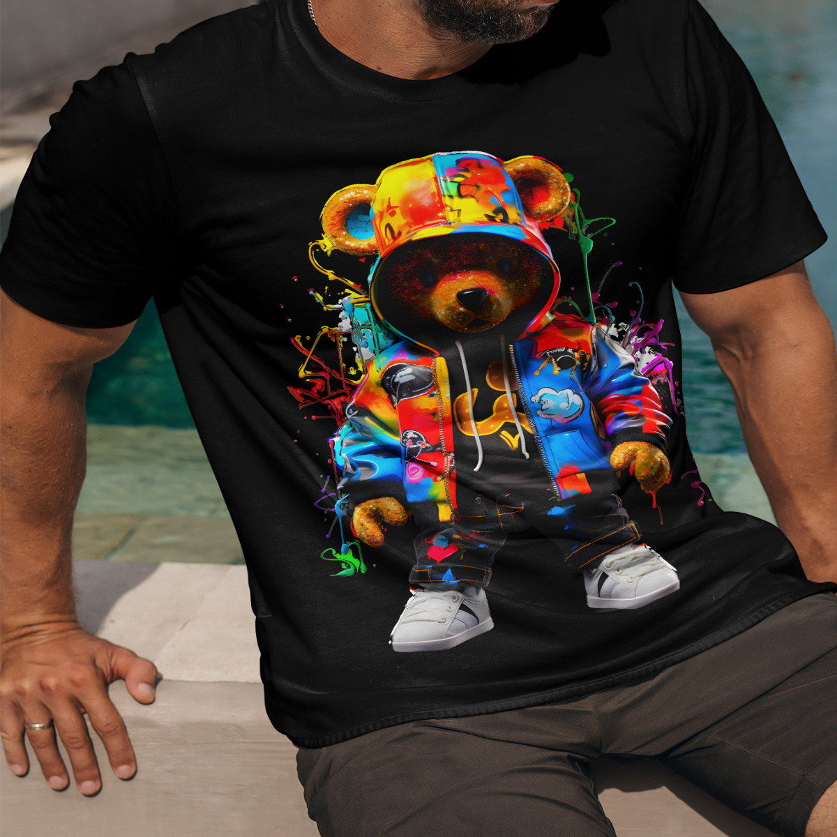 

Men's Bear T-shirt, Short Sleeve Crew Neck Tee, Men's Clothing For Summer Outdoor