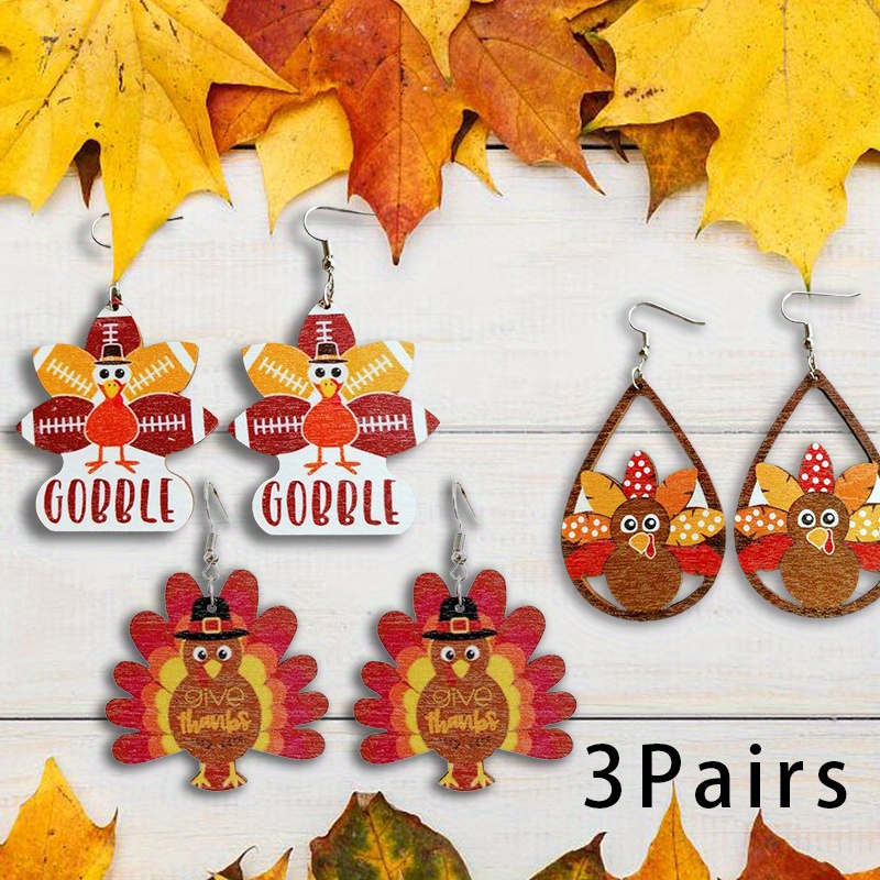 TEMU 3 Pairs Thanksgiving Vintage Wooden Dangle Earrings, Thanksgiving Turkey Cartoon Earrings, Thanksgiving Party Matching Jewelry, Creative Female Gift