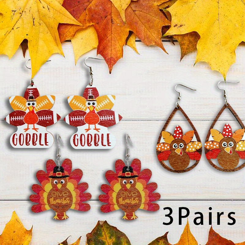 

3 Pairs Thanksgiving Vintage Wooden Dangle Earrings, Thanksgiving Turkey Cartoon Earrings, Thanksgiving Party Matching Jewelry, Creative Female Gift