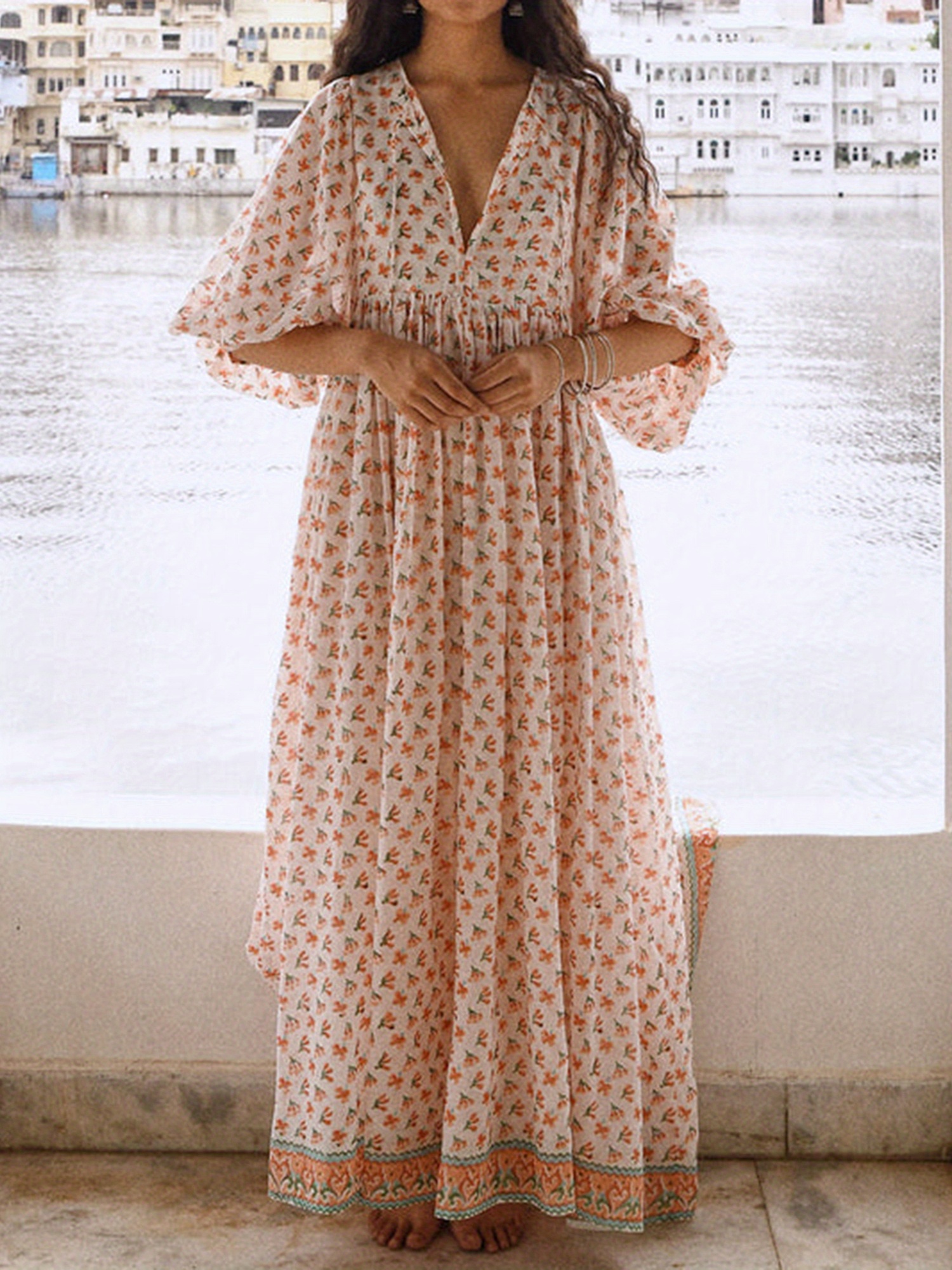 chinese dress ladies Boho Bows 3/4 Sleeve Pocket Twirl Dress main image 1