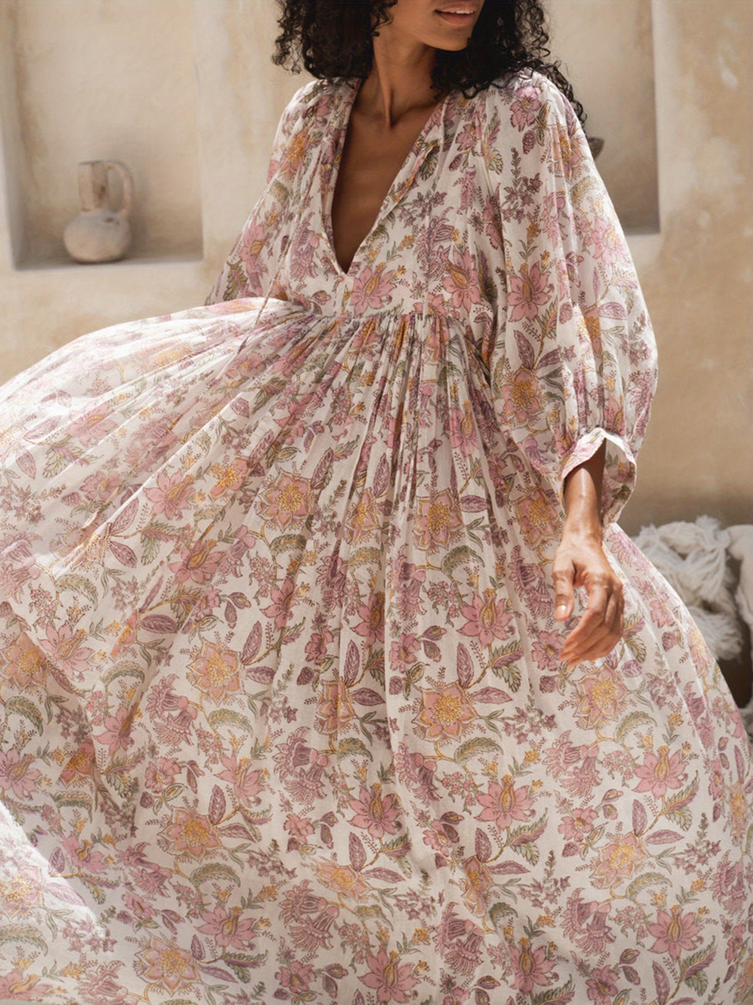 elegant floral maxi dress women v neck 3 4 sleeve - Temu
