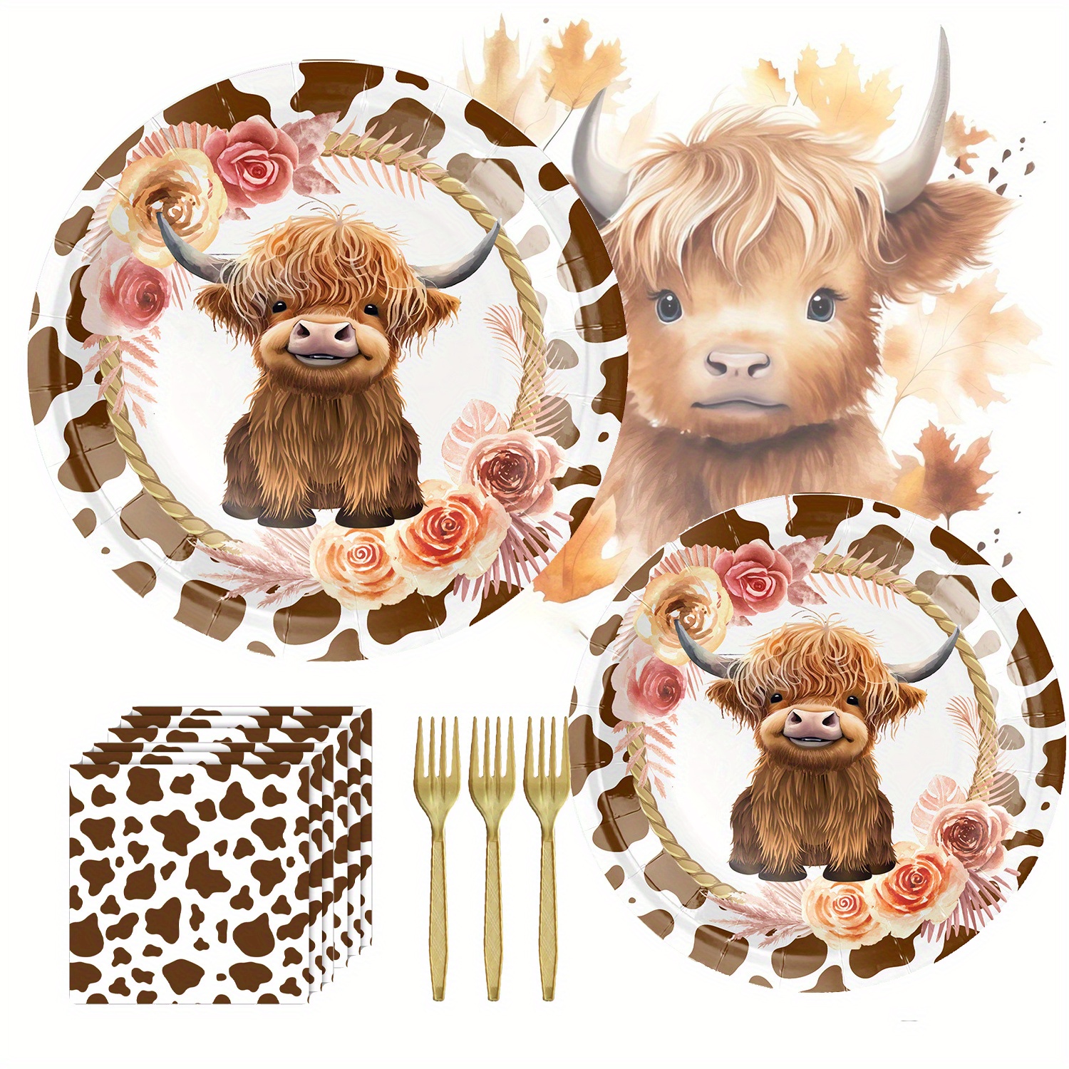 

80pcs Highland Cow Party Supplies For Cow Highland Themed Shower Birthday Party Decorations Disposable Tableware Set Plates Napkins Forks Set For 20 Guests