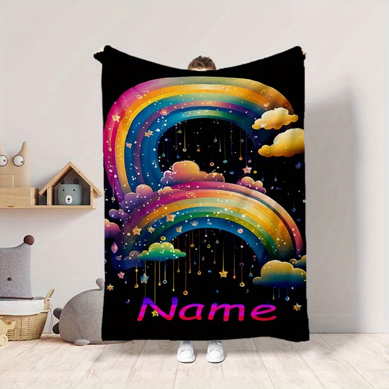 

Personalized Flannel Rainbow Name Blanket - Soft, Warm, Custom Printed With Your Name - Ideal For All Seasons, Napping, Camping, Travel - Digital Printing, Knitted Polyester, Animal Theme, Glam Style