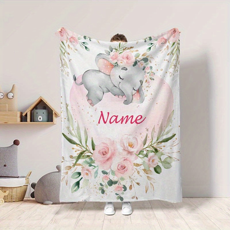 

Personalized Elephant Floral Design Flannel Throw Blanket With Custom Name - Soft Polyester Knit, Digital Print, All-season Comfort - Ideal For Napping, Camping, Travel - Unique Gift For Family