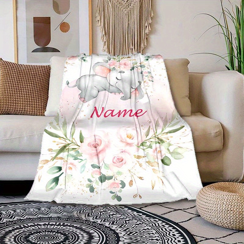 TEMU Personalized Elephant Floral Design Flannel Throw Blanket With Custom Name - Soft Polyester Knit, Digital Print, All-season Comfort - Ideal For Napping, Camping, Travel - Unique Gift For Family