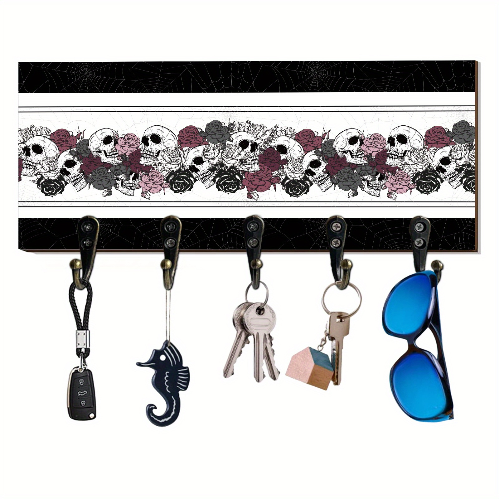 Vintage Wood Key Holder with Skull Design English Wall Hanging Key Hook  with Copper Hooks Decorative Entryway Organizer Plaque for Home