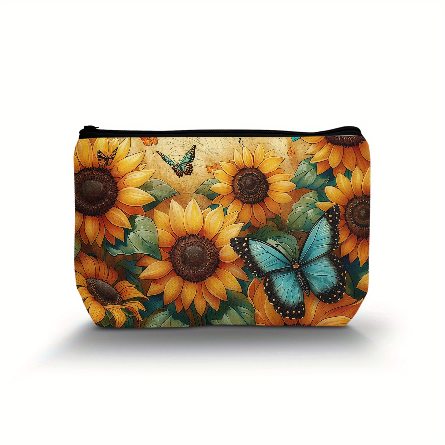 

1pc Polyester Sunflower & Butterfly Cosmetic Bag With Zipper Closure, Lightweight & Versatile Travel Makeup Pouch, Hand Washable Casual Toiletry Bag - Ideal Gift For Teachers & Friends