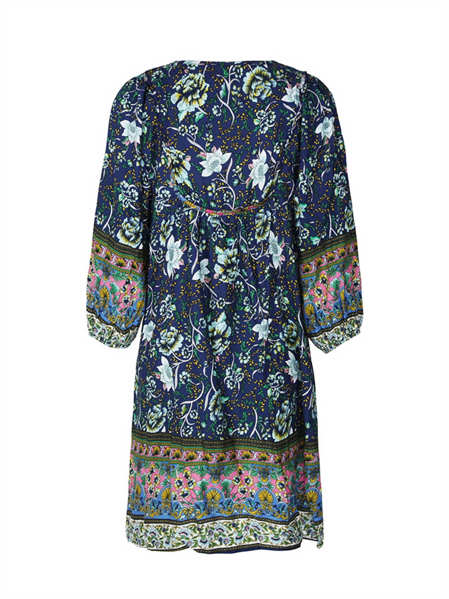women's boho floral print mini dress - 3/4 sleeve v-neck lightweight  polyester, flowy loose a-line casual beach dress for summer, hand washable  - women's clothing - Temu