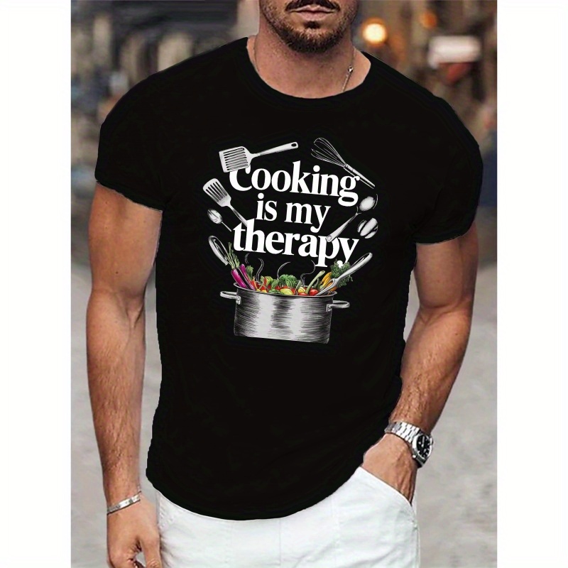 

Cooking Is My Therapy Print Men's Casual Polyester Round Neck T-shirt, Stylish Summer Short Sleeve Sportswear