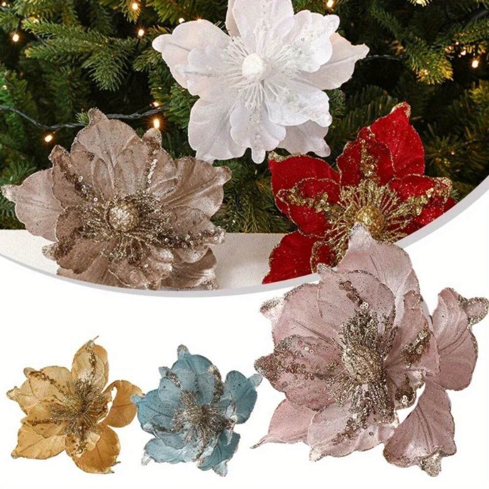 

1pc Artificial Christmas Orchid Flower Decorations, Fabric Handmade Glitter Poinsettia Ornaments For Holiday Tree Embellishment
