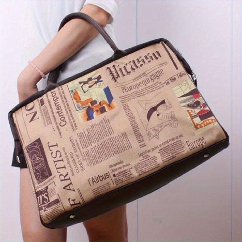 

1pc, Vintage Newspaper Printed Tote Travel Bag, Luggage Tote Bag, Waterproof Multifunctional Tote Bag