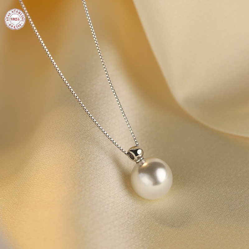 

Elegant S925 Sterling Pendant Necklace, Simple French-style, Mother's Day Gift, All Season Versatile, Special Occasion Festive Jewelry With Shell Pearl, 925 Silver Plated Clasp - 3g