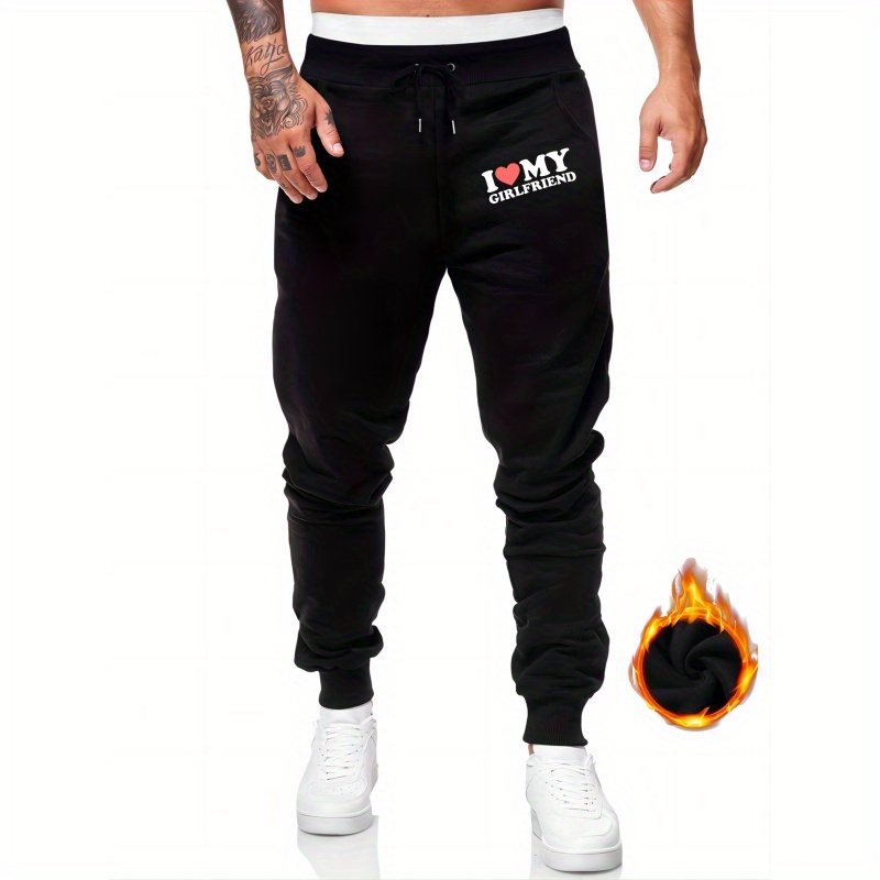 

I Print Men's Drawstring Sweatpants With Pocket, Stylish Youth Pants, Casual Comfortable Versatile Warm Fleece Trousers For Autumn And Winter