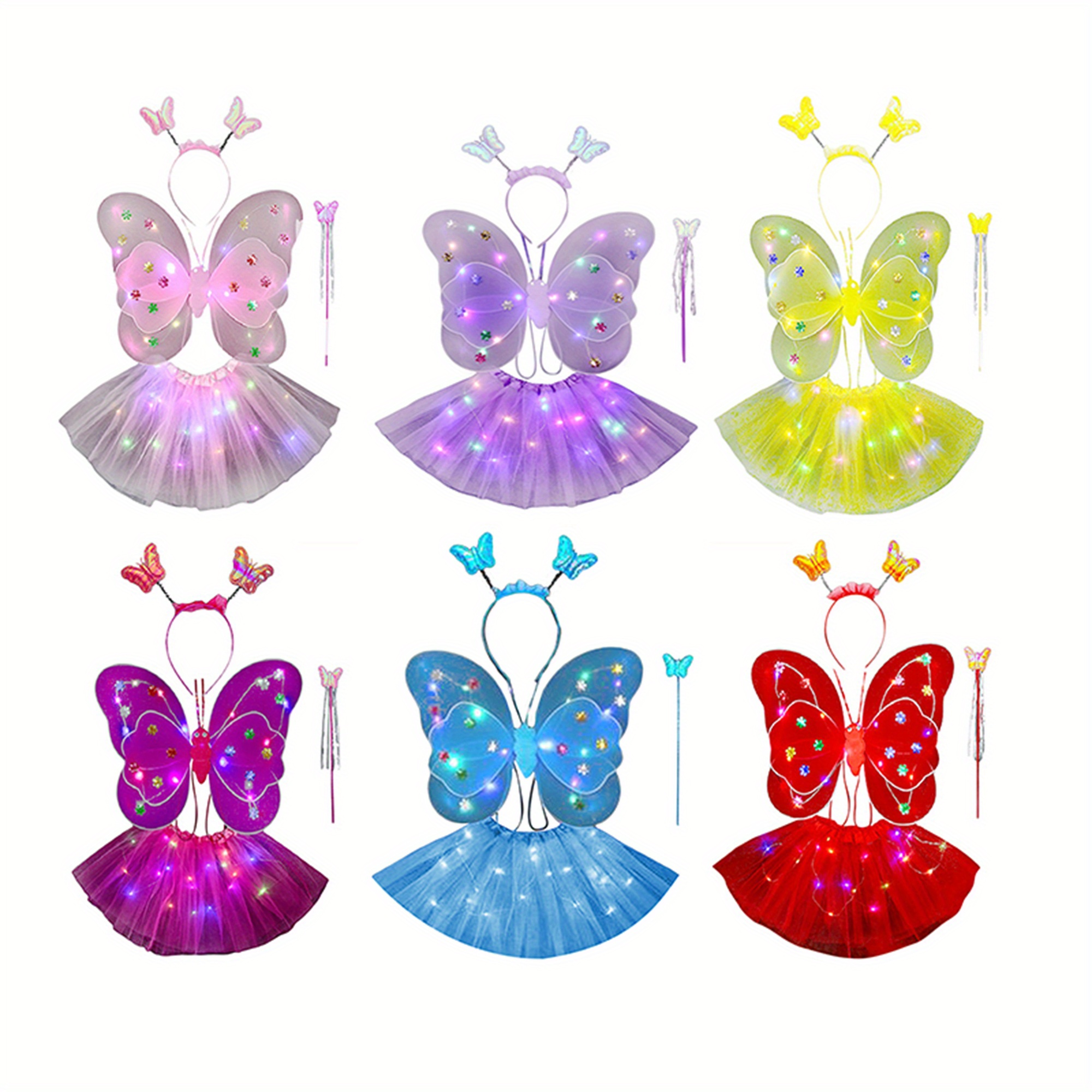 

Fairy Dress-up Costume Set With Light-up Butterfly Wings, Sparkling Skirt, Wand, And Headband For Role Play And Parties - Plastic Material