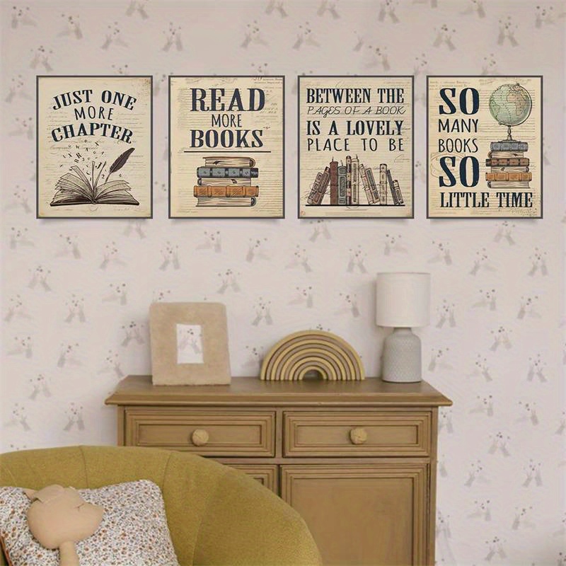 

2d 4pcs Set, Vintage Book-themed Wall Art, Paper Decor, Inspirational Quotes, Library & Reading Room Decor, Book Club Gifts For