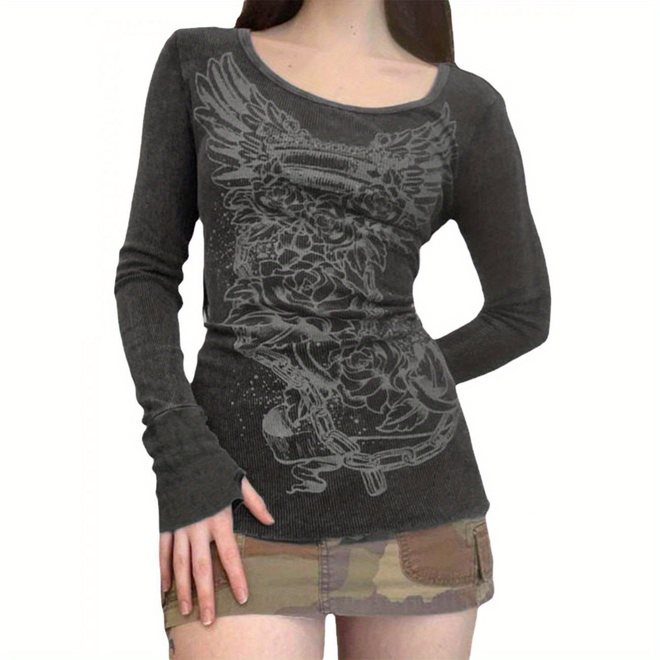 

1pc Vintage Floral Print Long Sleeve T-shirt For Women, Polyester Knit Crew Neck Slim Fit Top For Spring/autumn Casual Wear