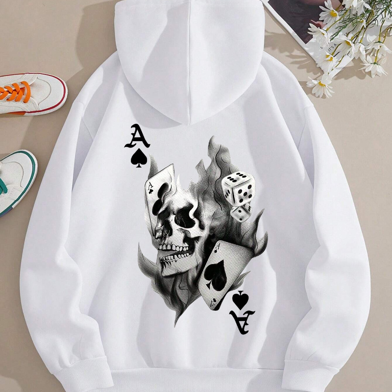 

Skull & Card Print Kangaroo Pocket Hoodie, Casual Long Sleeve Drawstring Hooded Sweatshirt, Women's Clothing