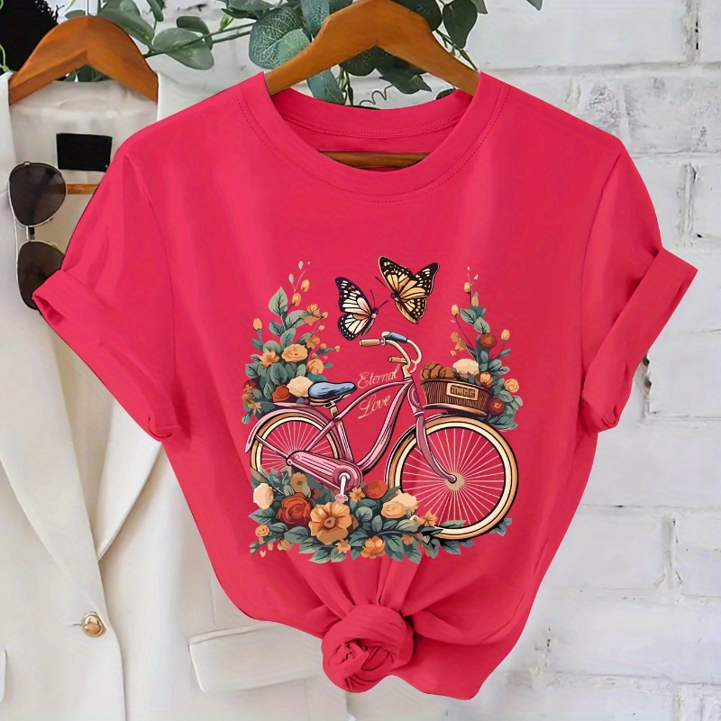 

Bicycle Print T-shirt, Short Sleeve Crew Neck Casual Top For Summer & Spring, Women's Clothing